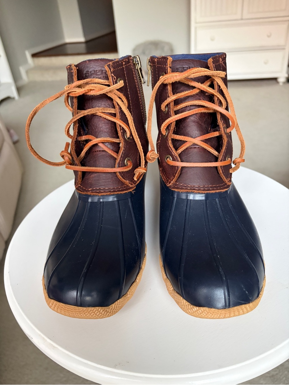 Sperry Saltwater Duck Rain Boots Navy Brown Leather Women’s Size 9 Waterproof